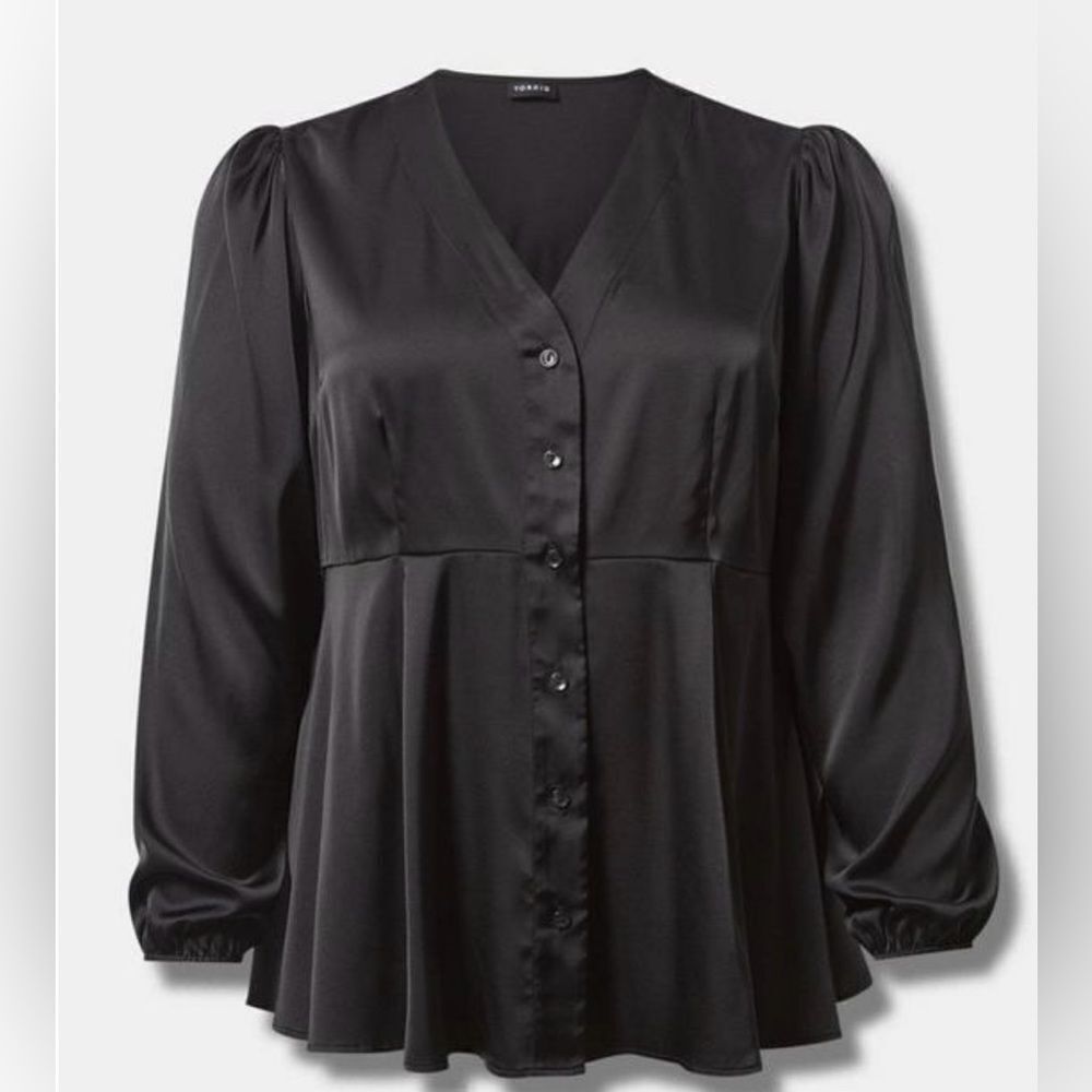 Torrid Peplum Blouse Deep Black, Satin Button Front Long Sleeve NWT 3X - Picture 4 of 13